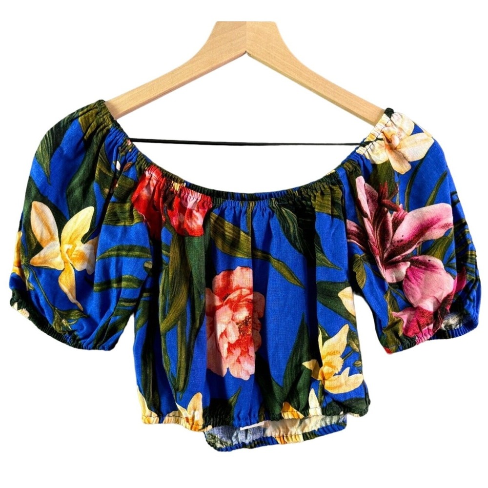 Cupcakes‎ and Cashmere Womens Size Small Blue Tropical Floral Linen Crop Top
